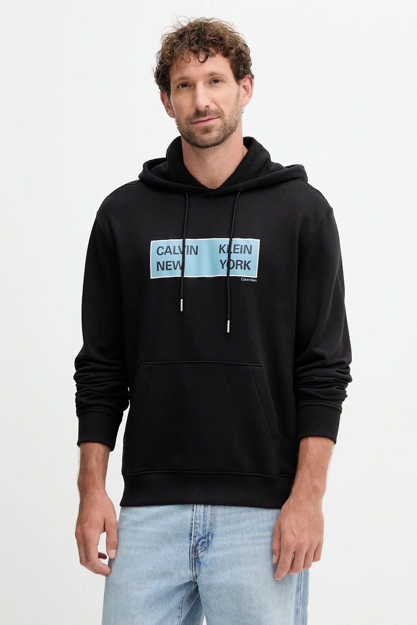Levně Bavlněná mikina Calvin Klein Jeans pánská, černá barva, s kapucí, s potiskem, LV04RD259G