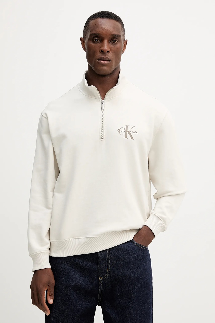 Levně Bavlněná mikina Calvin Klein Jeans pánská, béžová barva, s aplikací, LV04RD244G