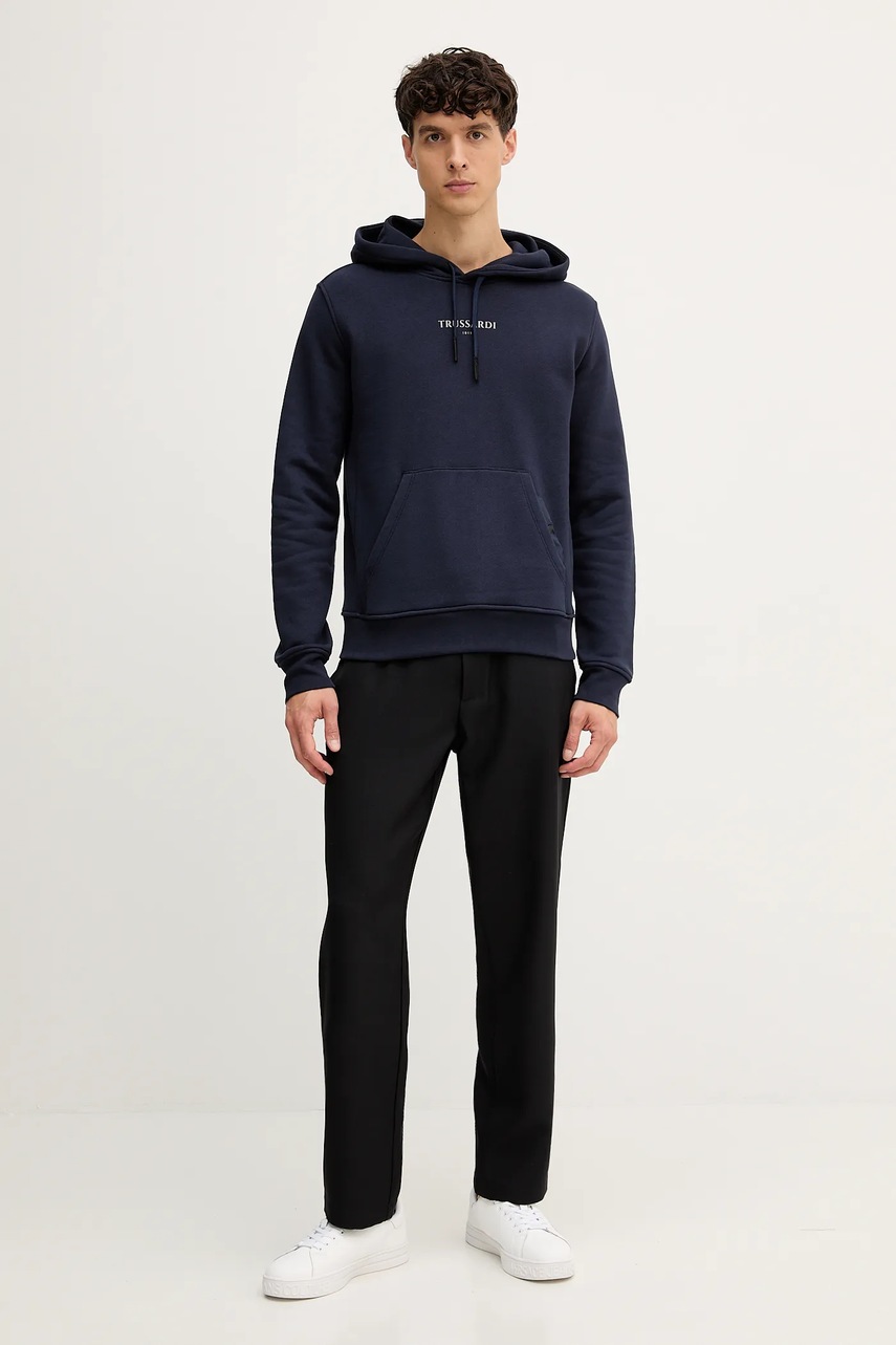 Хлопковая кофта Trussardi цвет синий с капюшоном с принтом G8108000056N