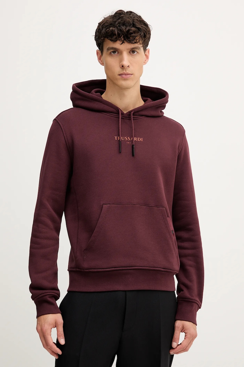 Trussardi hanorac de bumbac culoarea bordo, cu glugă, cu imprimeu, G8108000056N
