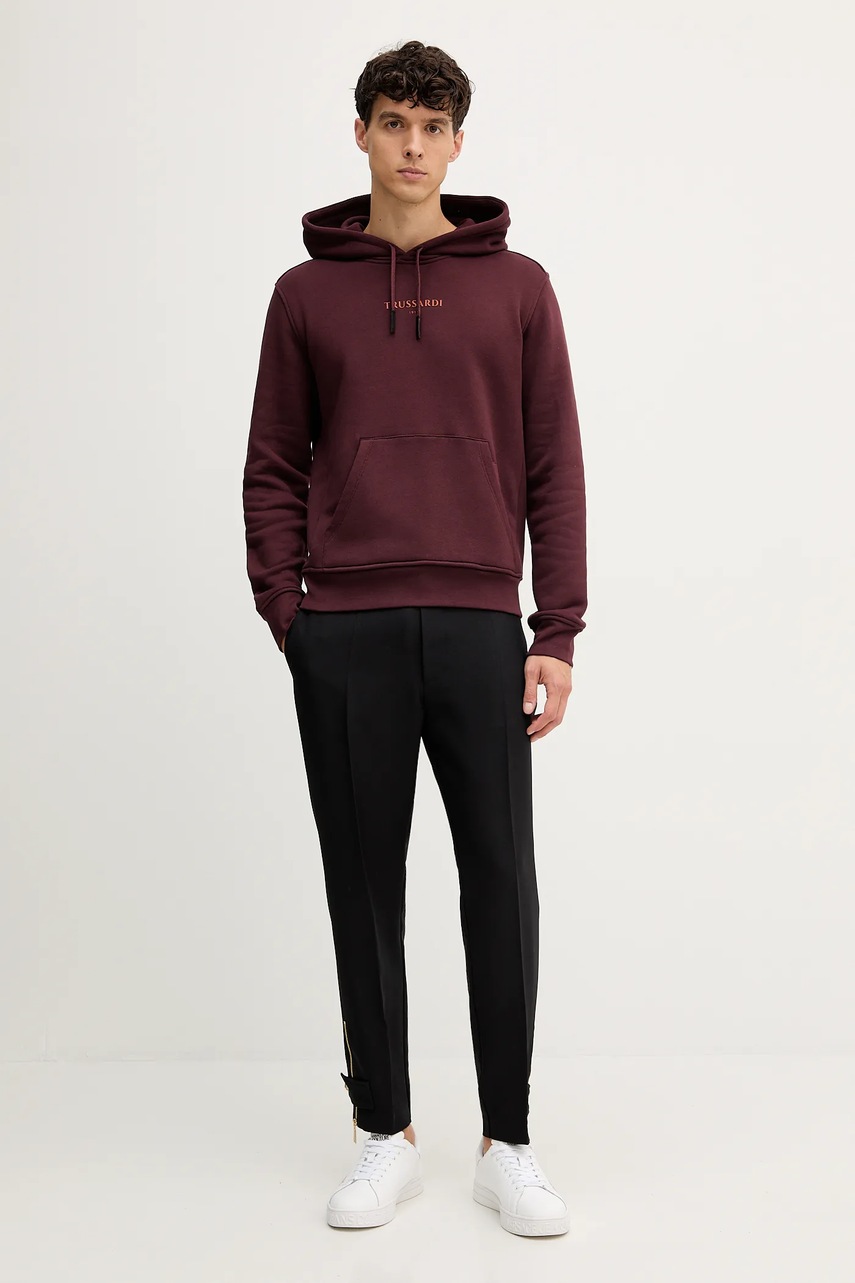 Хлопковая кофта Trussardi цвет бордовый с капюшоном с принтом G8108000056N