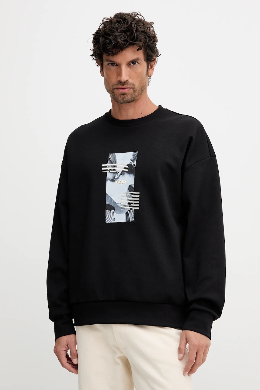 BOSS Green bluză culoarea negru, cu imprimeu, 50548324