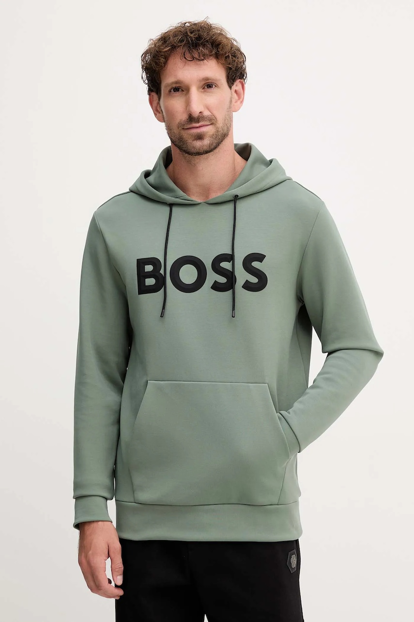 BOSS Green bluză culoarea verde, cu glugă, cu imprimeu, 50551457