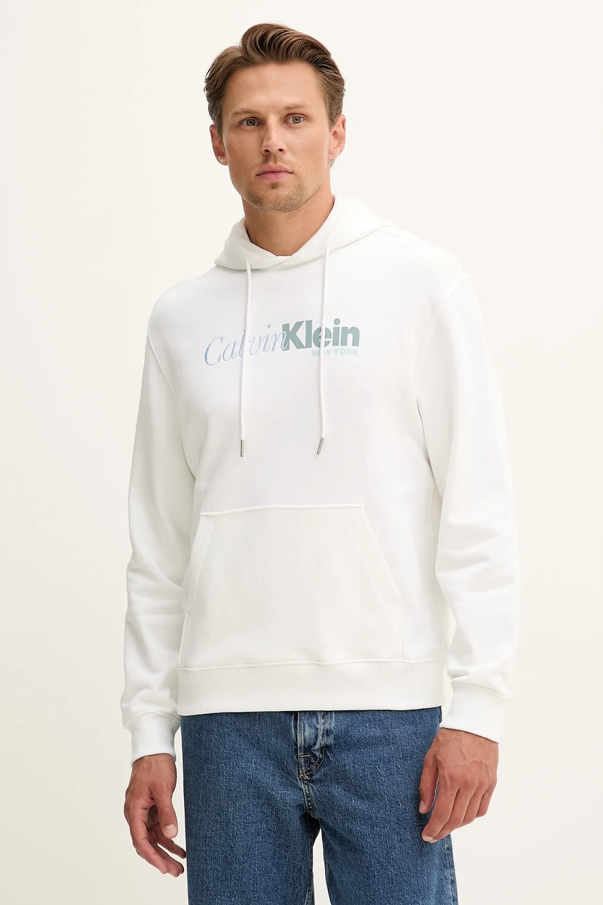 Levně Bavlněná mikina Calvin Klein pánská, bílá barva, s kapucí, s potiskem, LV04LD241G