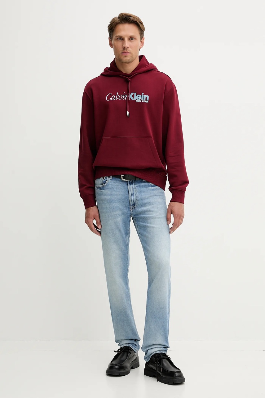 Хлопковая кофта Calvin Klein цвет бордовый с капюшоном с принтом LV04LD241G