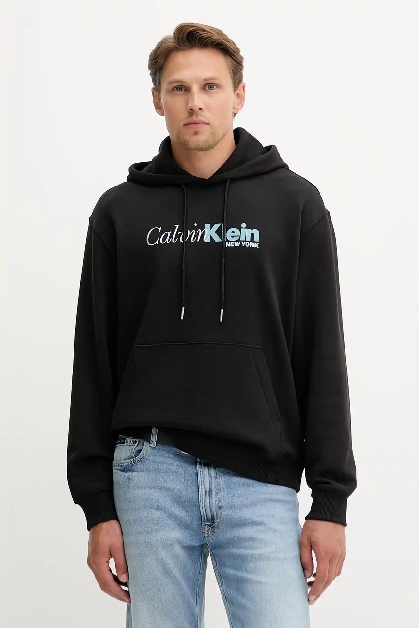 Levně Bavlněná mikina Calvin Klein pánská, černá barva, s kapucí, s potiskem, LV04LD241G