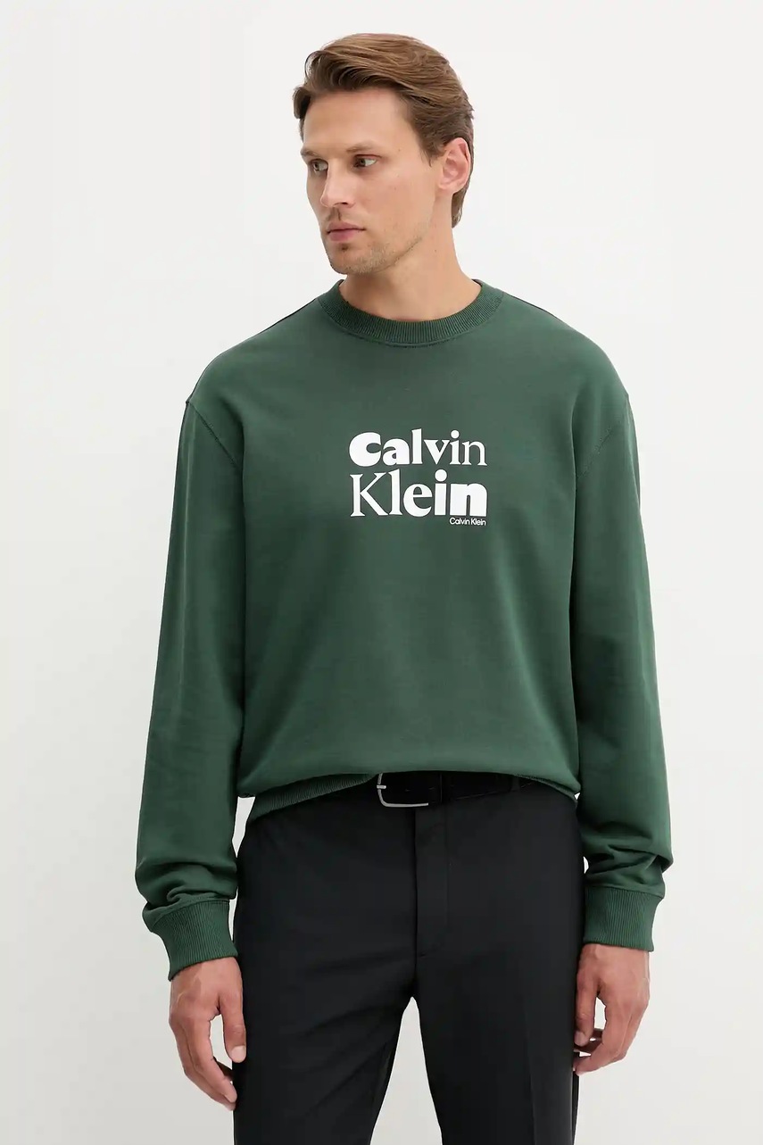 Levně Bavlněná mikina Calvin Klein pánská, zelená barva, s potiskem, LV04LD242G