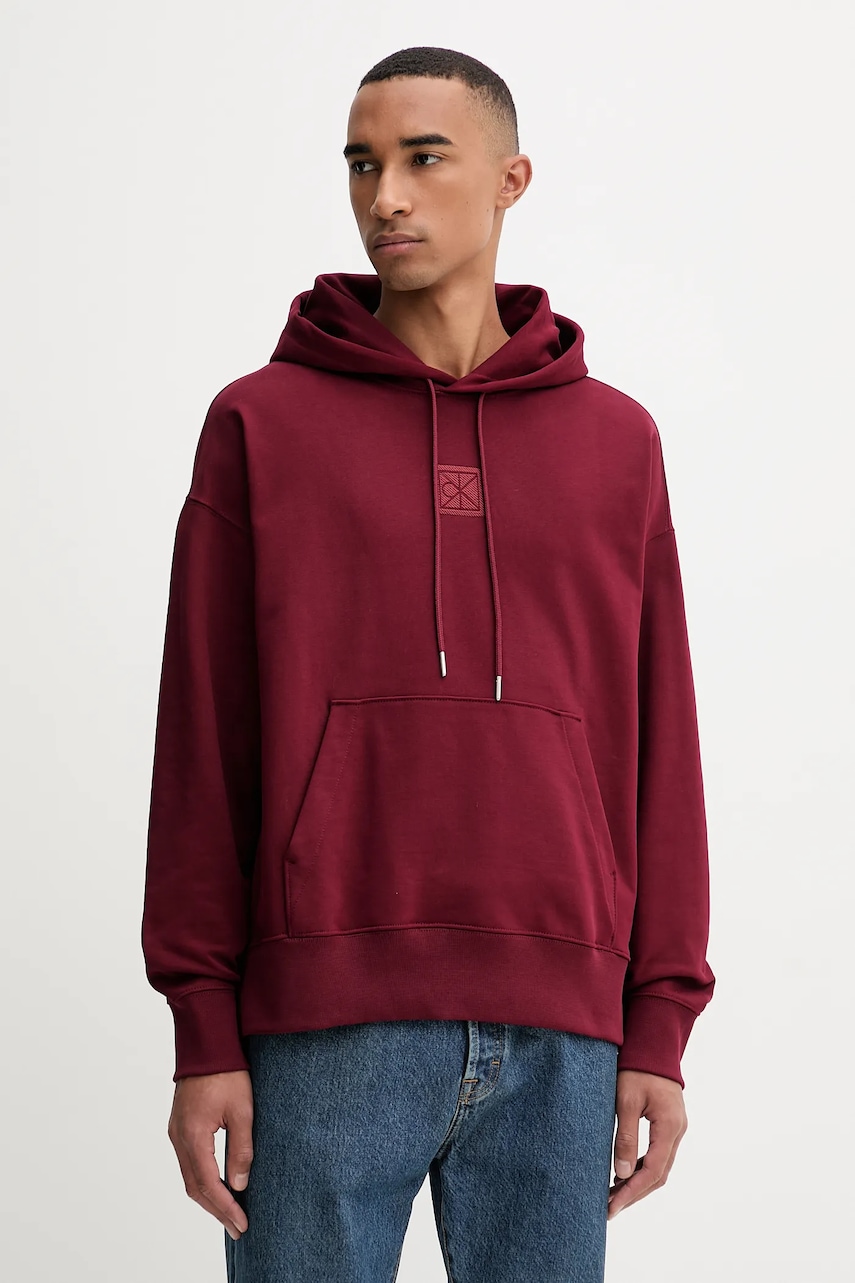 Levně Mikina Calvin Klein pánská, vínová barva, s kapucí, s aplikací, LV14LD225G