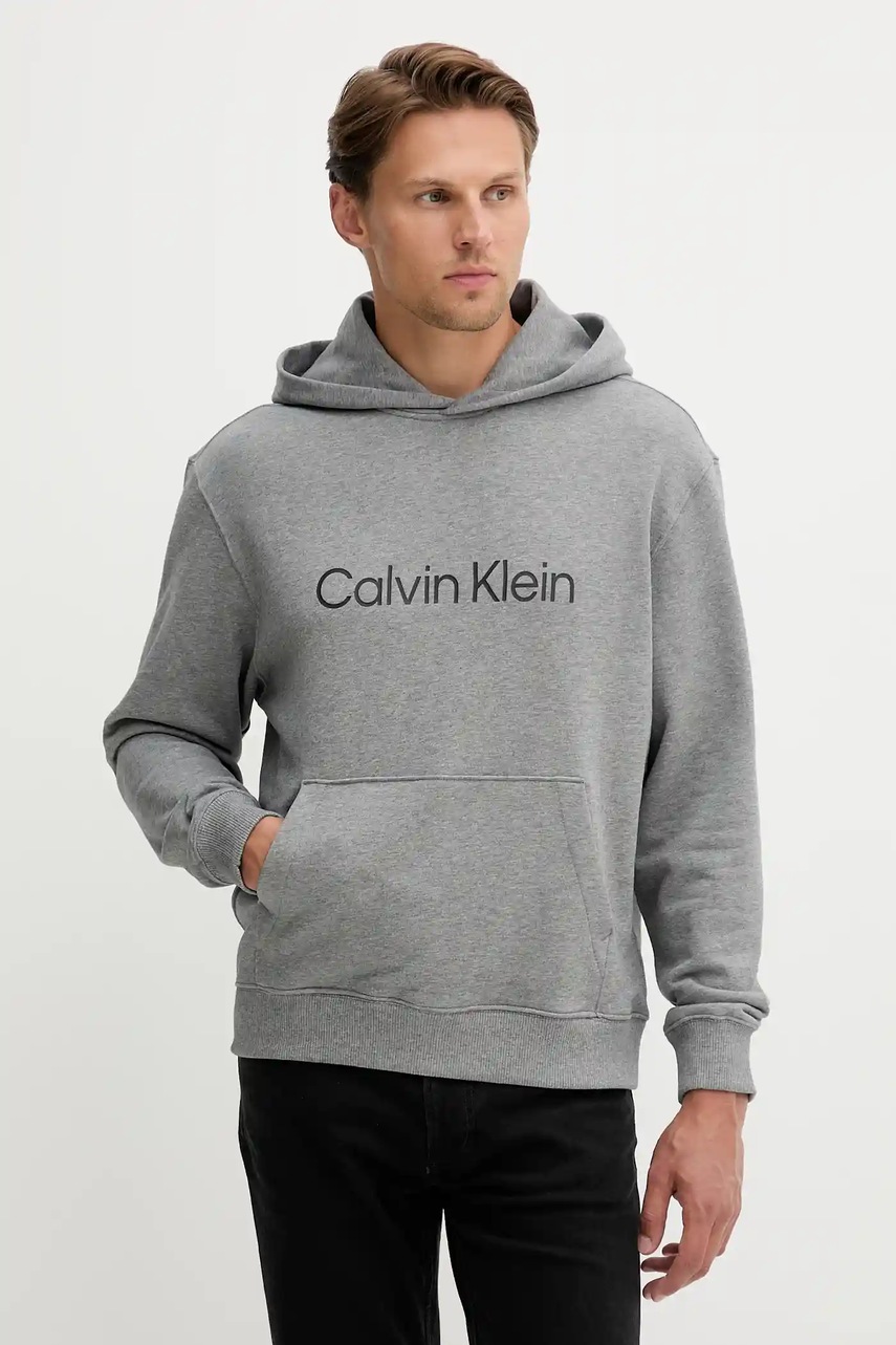 Levně Bavlněná mikina Calvin Klein pánská, šedá barva, s kapucí, s potiskem, LV14LD231G