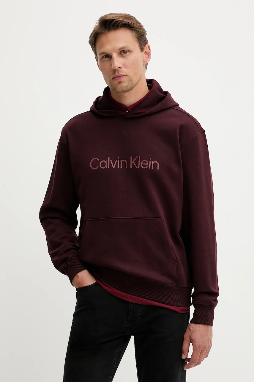 Bavlněná mikina Calvin Klein pánská, vínová barva, s kapucí, s potiskem, LV14LD231G