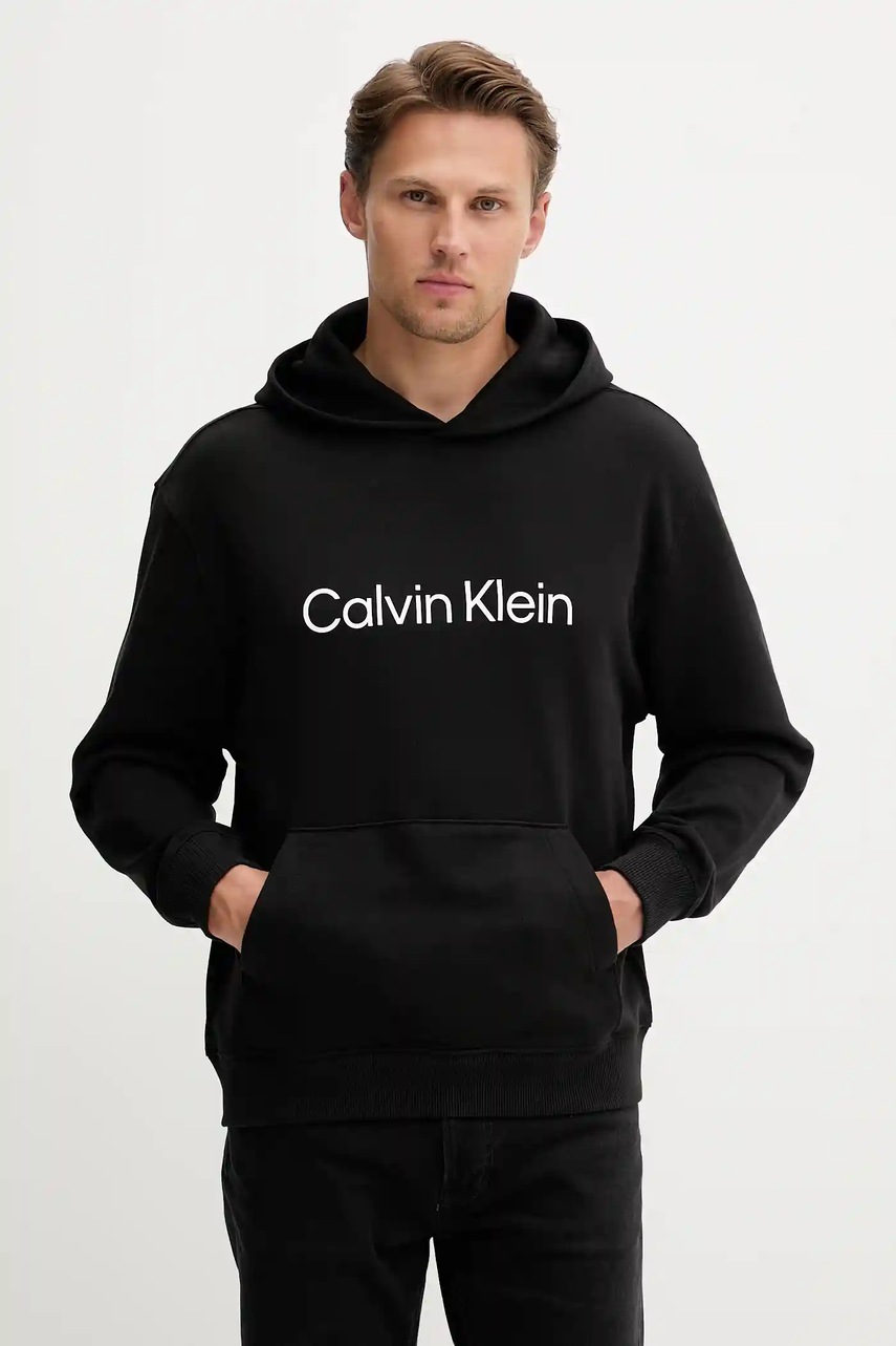 Levně Bavlněná mikina Calvin Klein pánská, černá barva, s kapucí, s potiskem, LV14LD231G