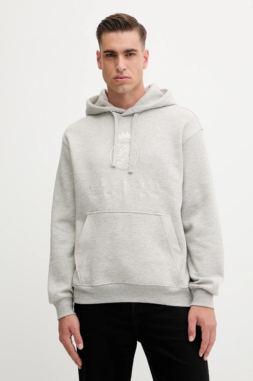 Levně Mikina Tommy Hilfiger pánská, šedá barva, s kapucí, melanžová, MW0MW40046