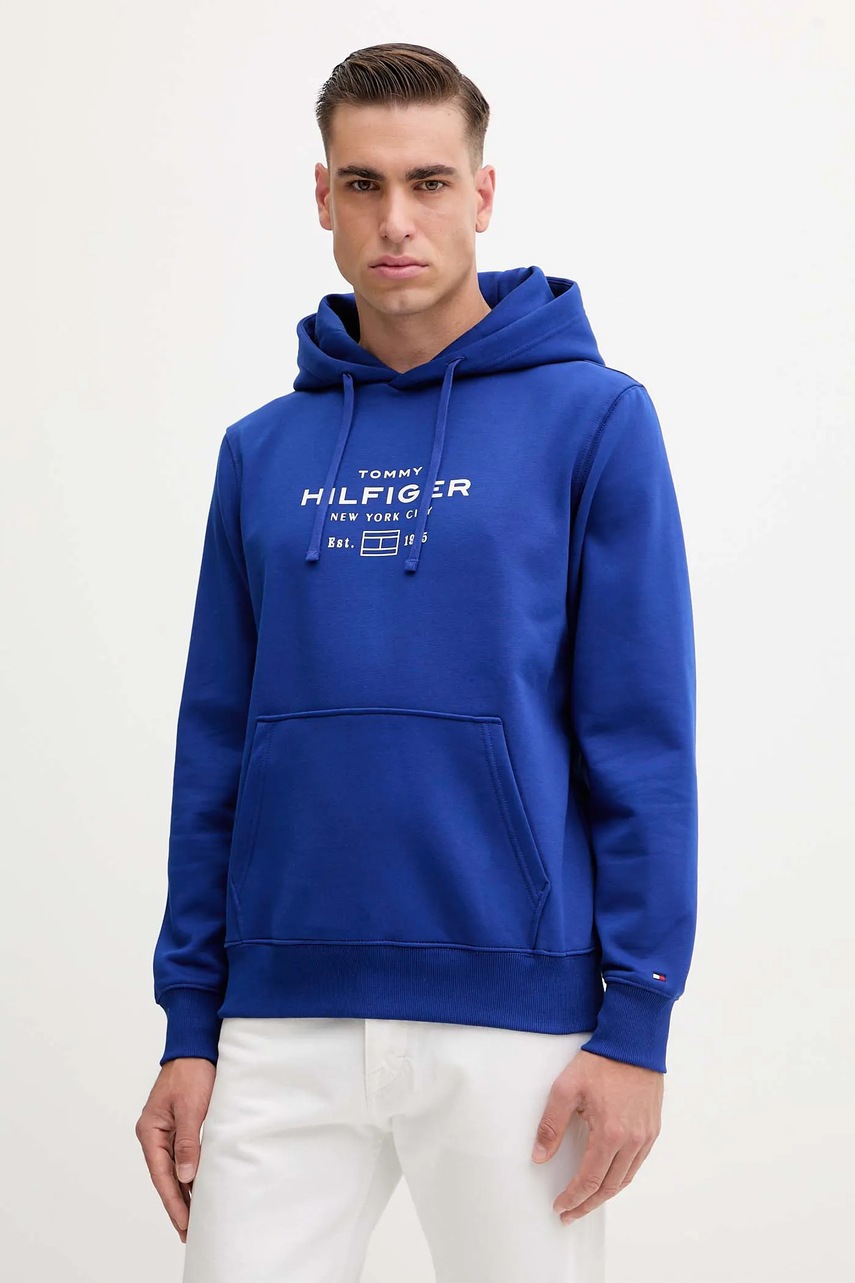 Levně Mikina Tommy Hilfiger pánská, modrá barva, s kapucí, s potiskem, MW0MW40864