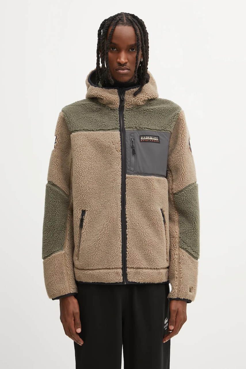 Napapijri hanorac fleece Yupik culoarea verde, cu glugă, uni, NP0A4GNSMCD1