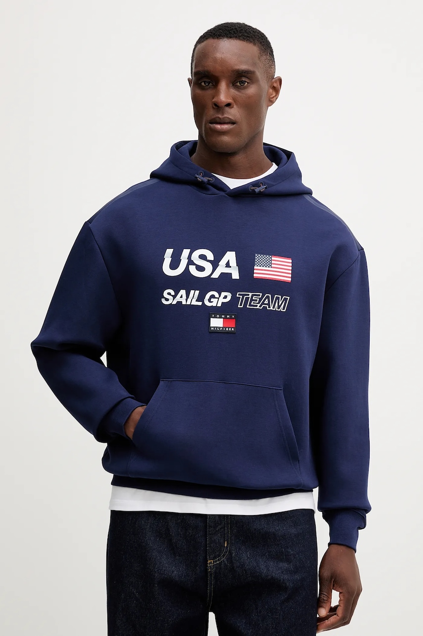Levně Mikina Tommy Hilfiger x SAIL GP pánská, tmavomodrá barva, s kapucí, s potiskem, MW0MW41416