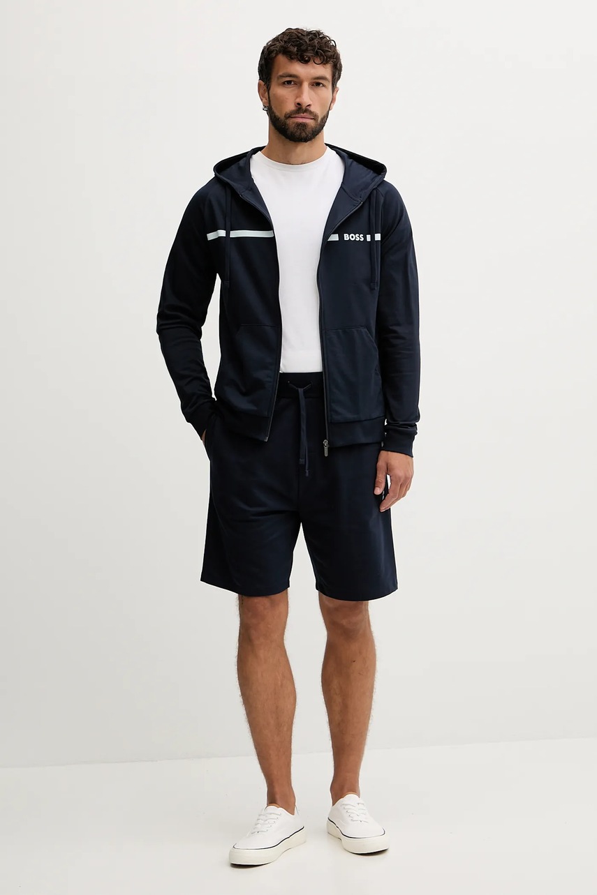 Хлопковая кофта BOSS цвет синий с капюшоном с принтом 50550571