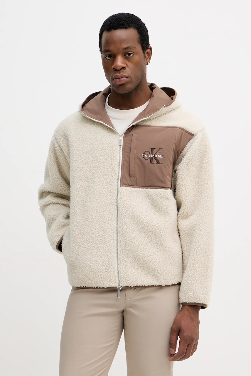 Levně Fleecová mikina Calvin Klein Jeans pánská, béžová barva, s kapucí, hladká, LV04RD218G