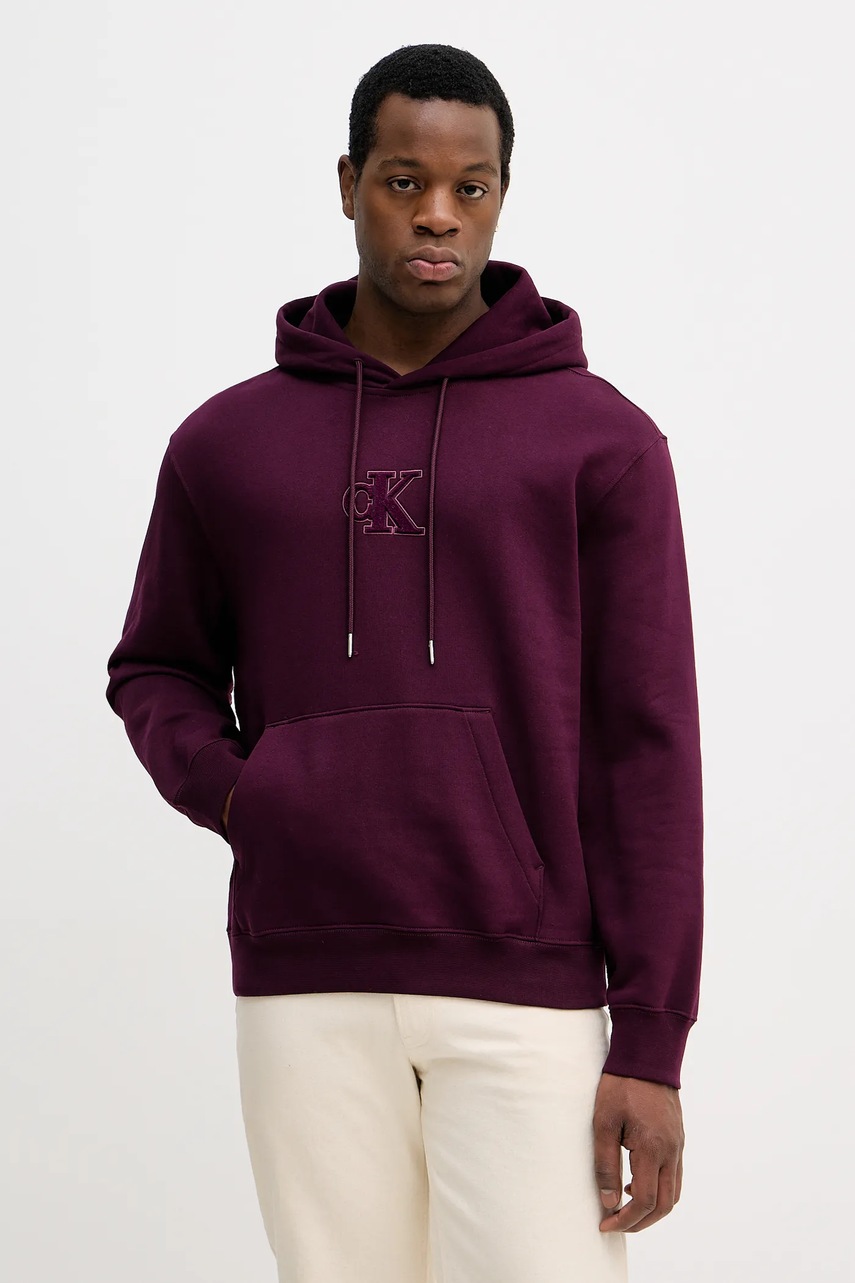 Levně Mikina Calvin Klein Jeans pánská, fialová barva, s kapucí, s aplikací, LV04RD250G