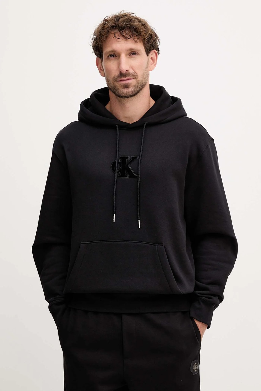 Levně Mikina Calvin Klein Jeans pánská, černá barva, s kapucí, s aplikací, LV04RD250G