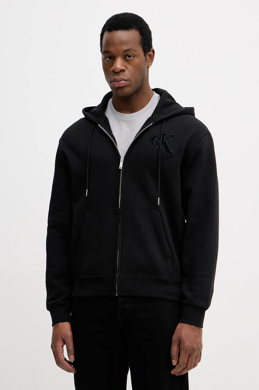 Levně Mikina Calvin Klein Jeans pánská, černá barva, s kapucí, s aplikací, LV04RD251G