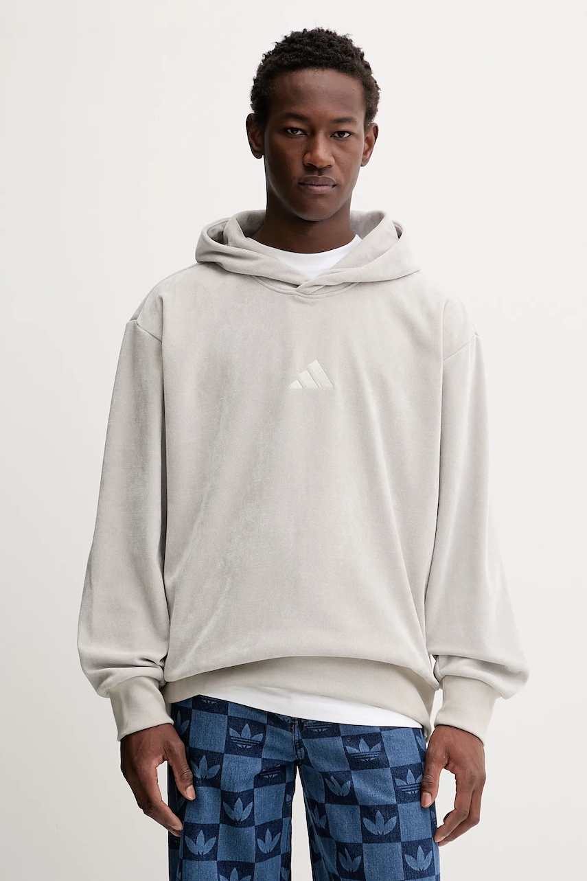 adidas bluză All Szn Luxe culoarea bej, cu glugă, cu imprimeu, KC5884