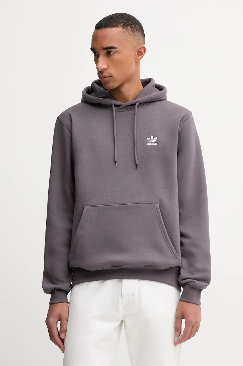 adidas Originals bluză Trefoil Essentials culoarea gri, cu glugă, cu imprimeu, JW1063