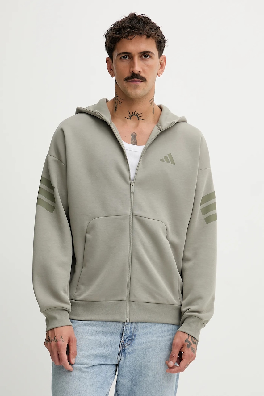 adidas bluză Fi 3S culoarea verde, cu glugă, cu imprimeu, JW7112