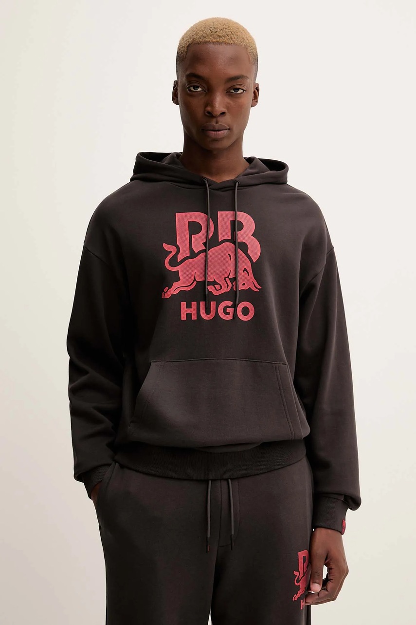 HUGO hanorac de bumbac culoarea maro, cu glugă, cu imprimeu, 50549313