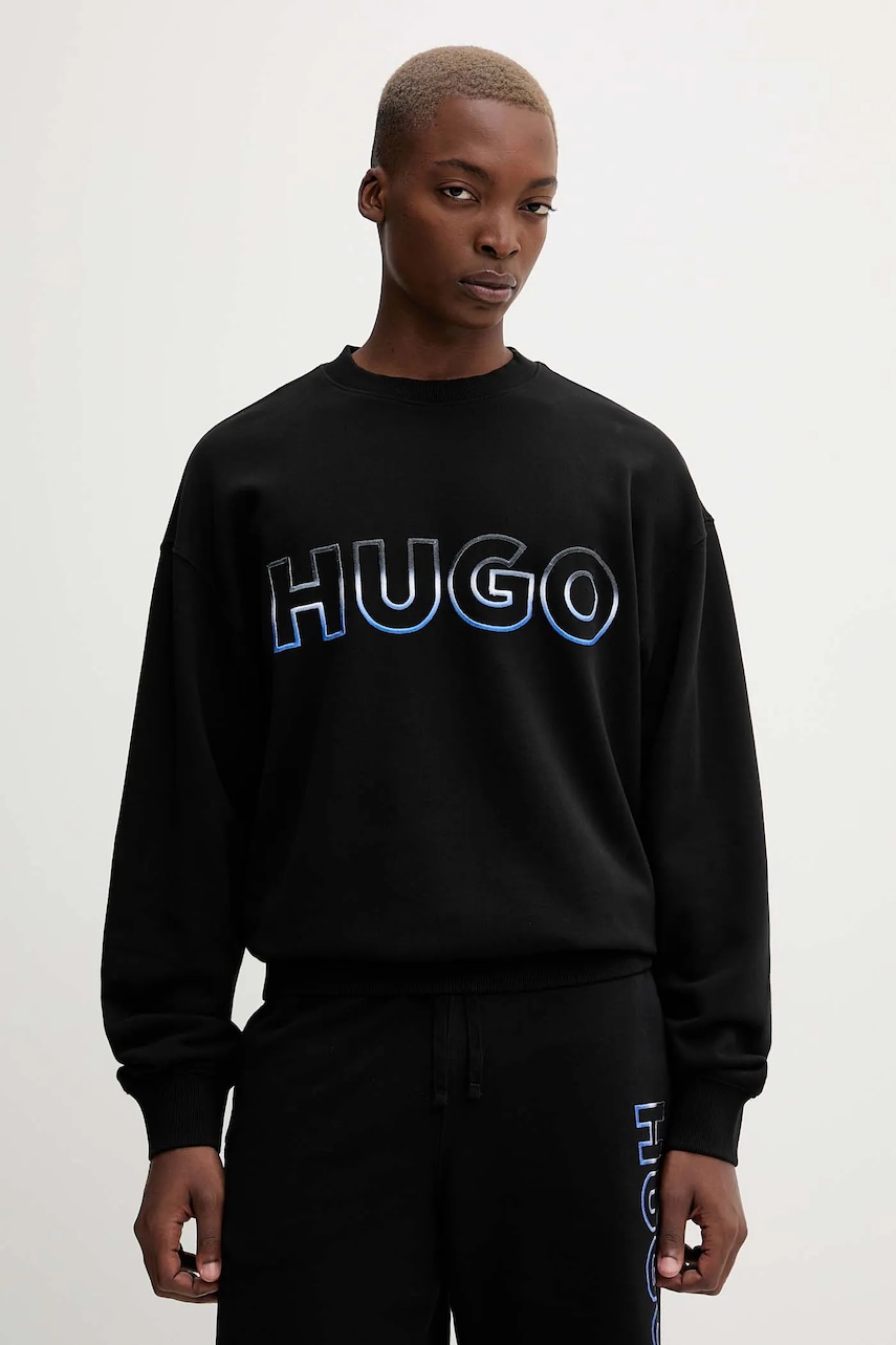 Hugo Blue hanorac de bumbac culoarea negru, cu imprimeu, 50549148