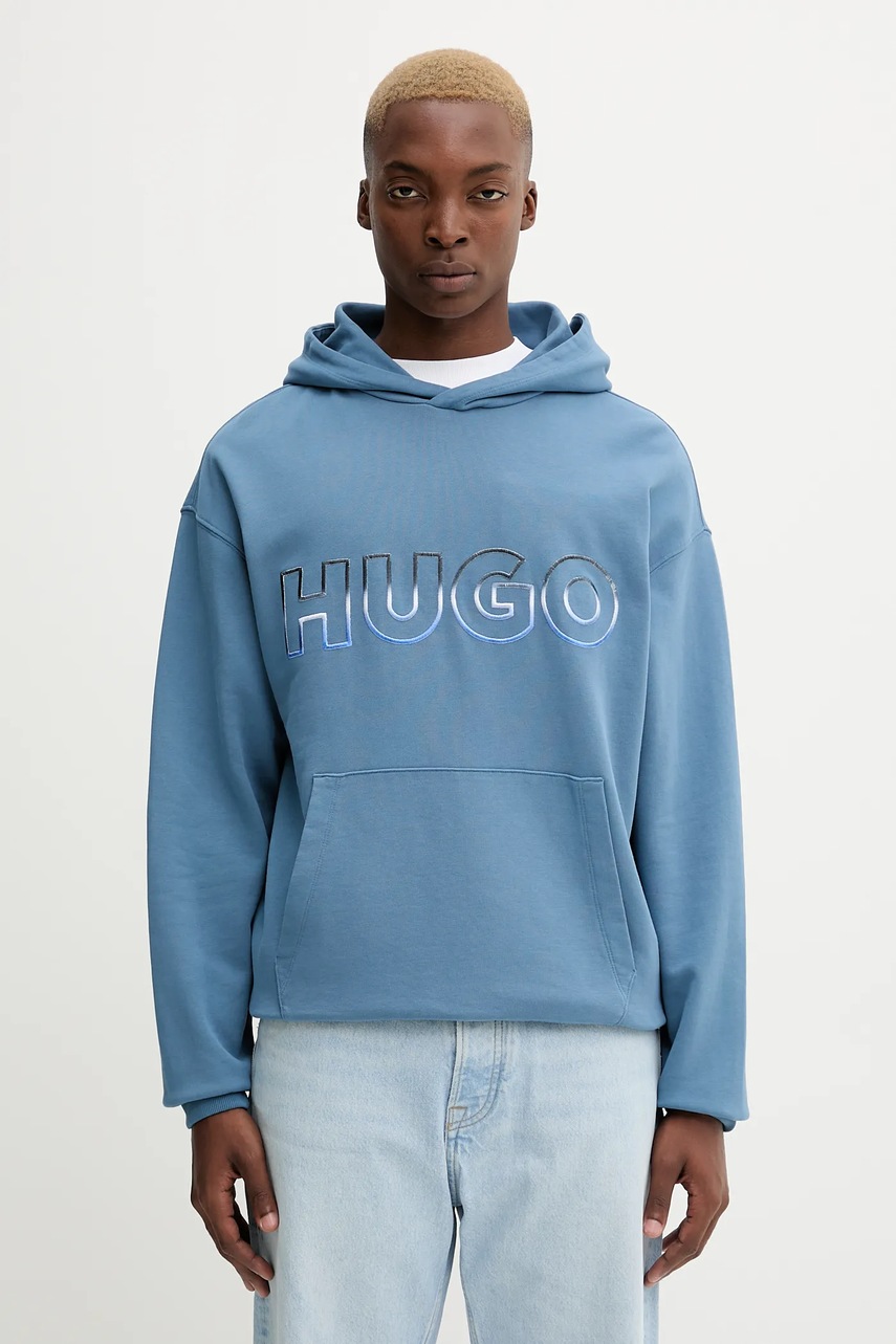 Levně Bavlněná mikina Hugo Blue pánská, modrá barva, s kapucí, s aplikací, 50549151