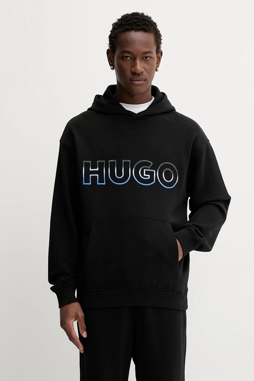 Hugo Blue hanorac de bumbac culoarea negru, cu glugă, cu imprimeu, 50549151