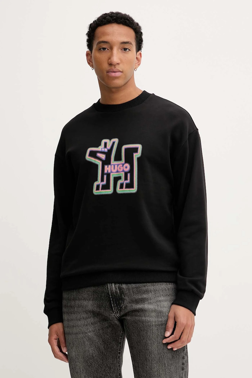 Hugo Blue hanorac de bumbac culoarea negru, cu imprimeu, 50549213