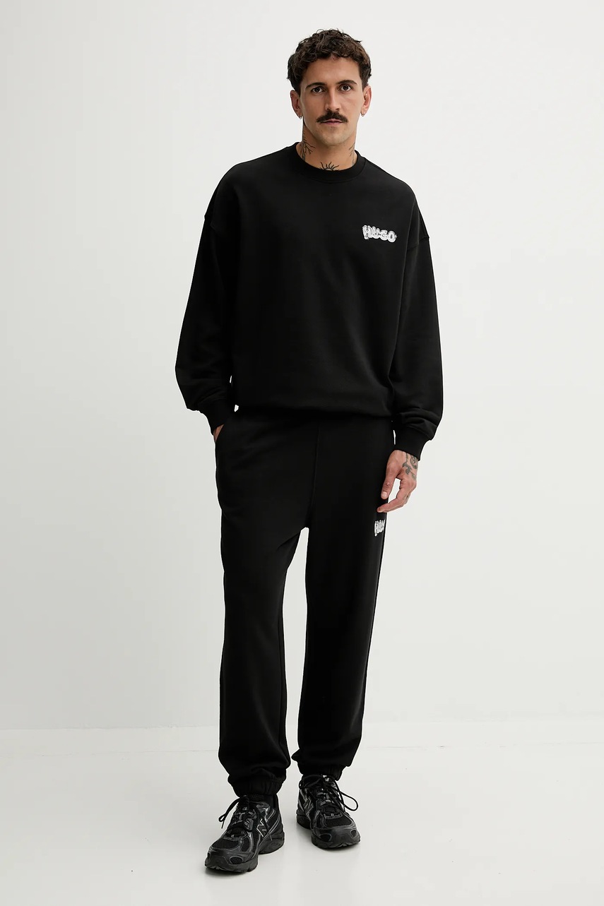 Хлопковая кофта Hugo Blue цвет чёрный с капюшоном с принтом 50549778