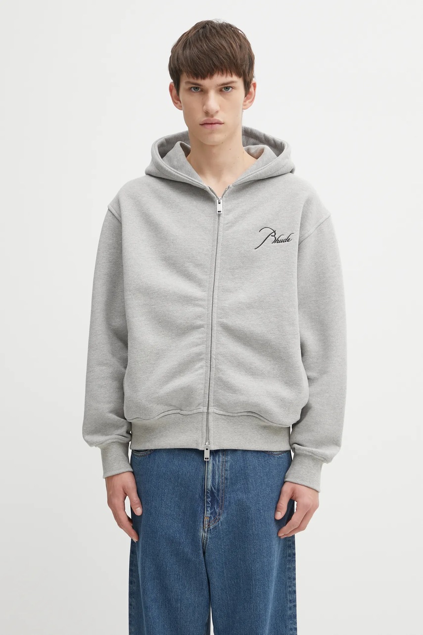 Mikina RHUDE Classique side zip pánská, šedá barva, s kapucí, hladká, RHFW25ST04829