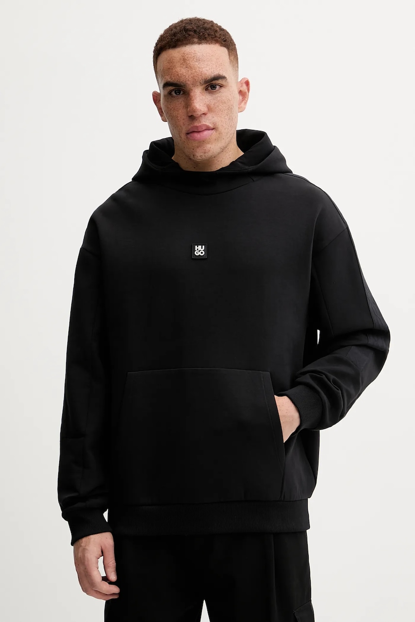 HUGO bluză culoarea negru, cu glugă, cu imprimeu, 50546400