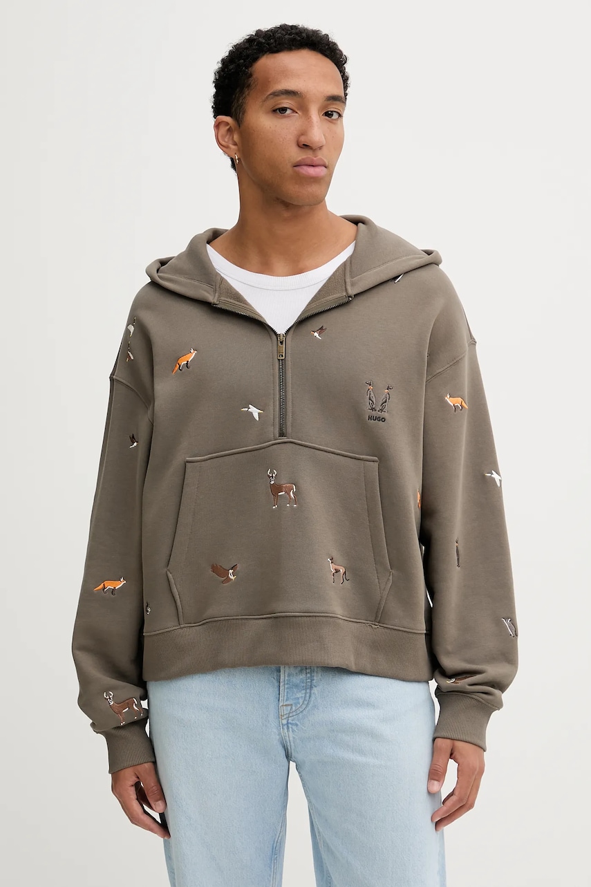 HUGO hanorac de bumbac culoarea maro, cu glugă, cu imprimeu, 50549136