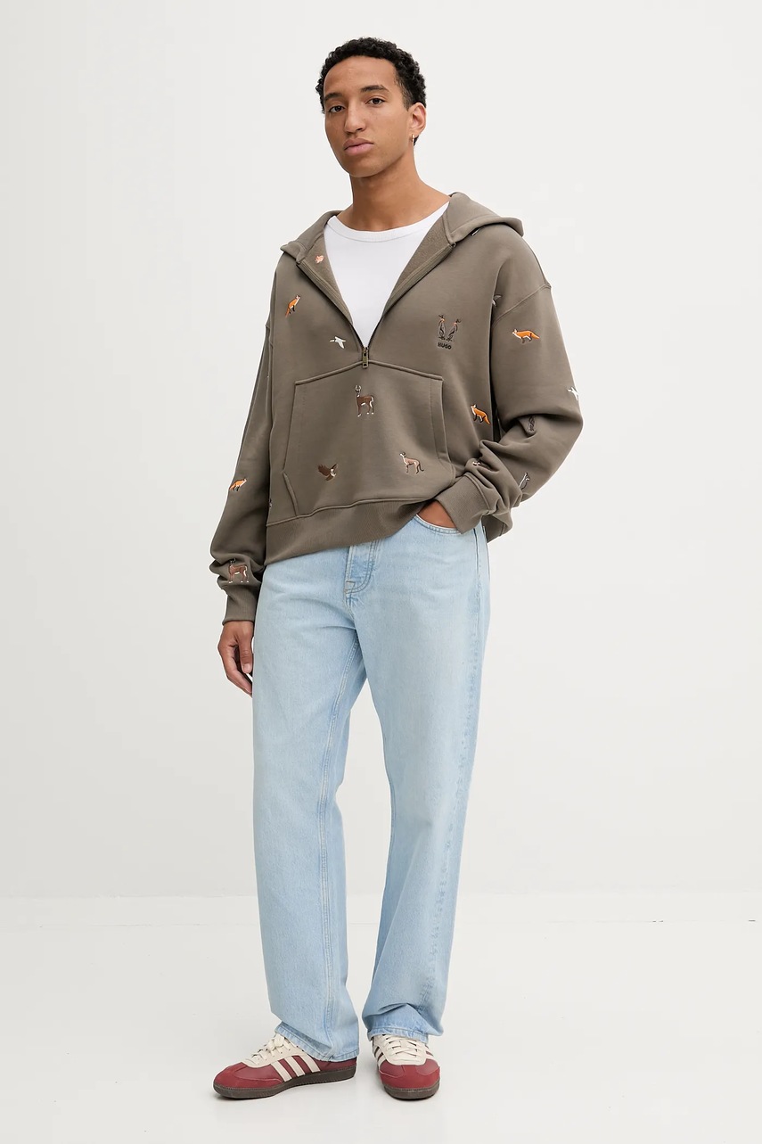 Хлопковая кофта HUGO цвет коричневый с капюшоном с аппликацией 50549136