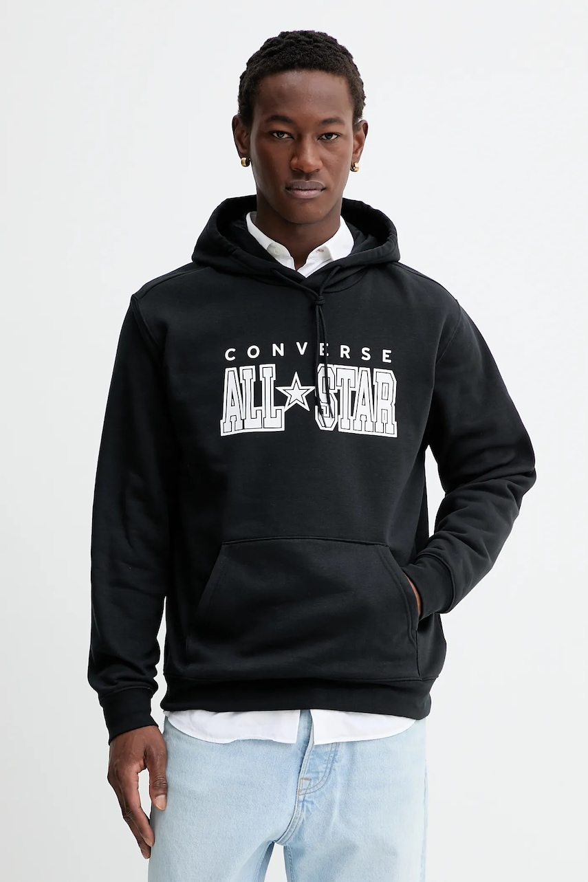 Converse bluză culoarea negru, cu glugă, cu imprimeu, CVM5K160