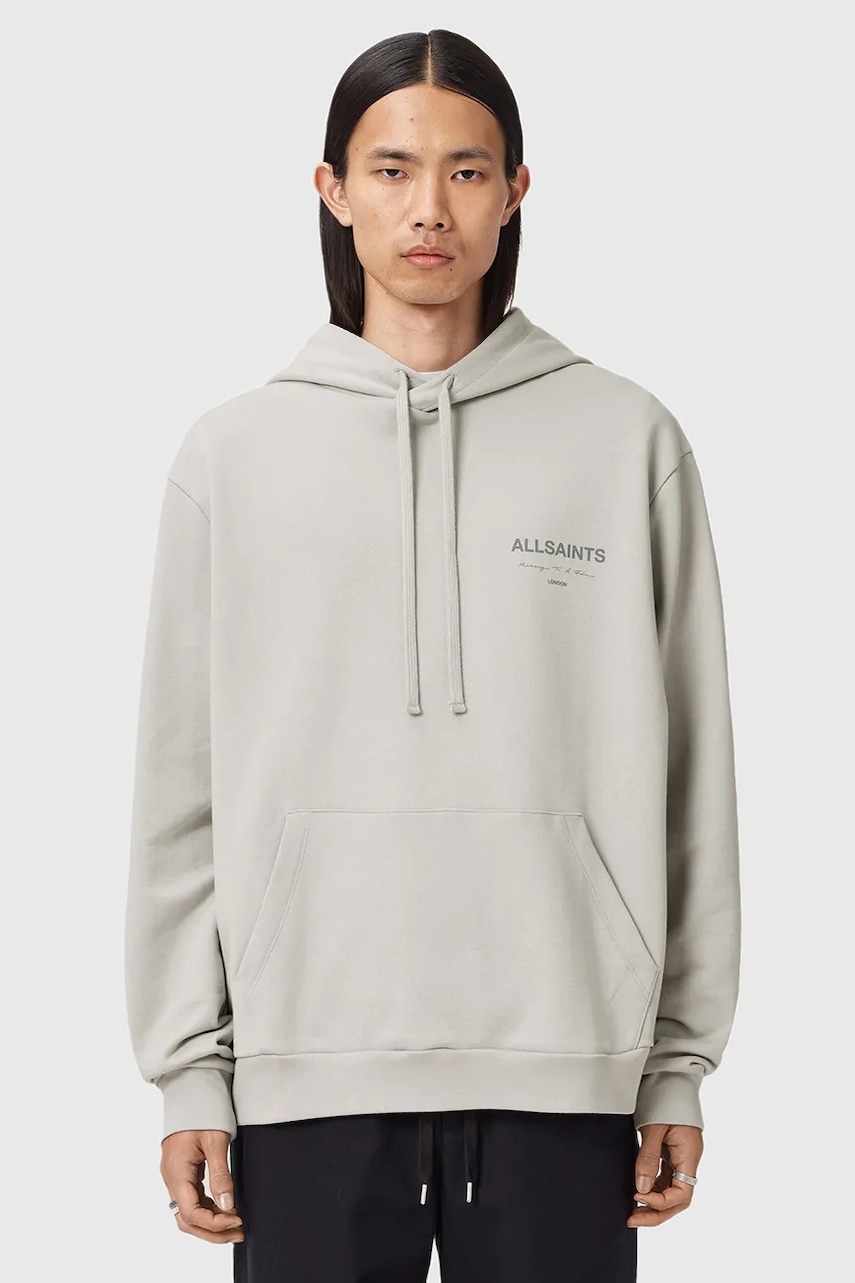 AllSaints hanorac de bumbac FUTURE culoarea gri, cu glugă, cu imprimeu, M002ND