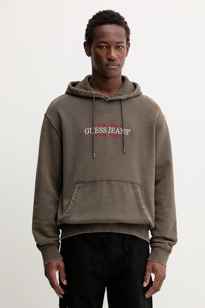 Levně Bavlněná mikina Guess Jeans pánská, hnědá barva, s kapucí, s aplikací, M5BQ33 KCPR1