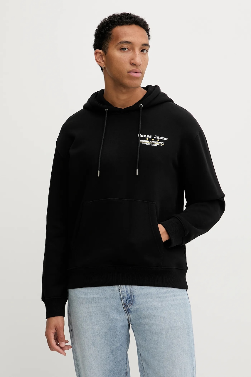 Levně Mikina Guess Jeans pánská, černá barva, s kapucí, vzorovaná, M5BQ27 K9V31