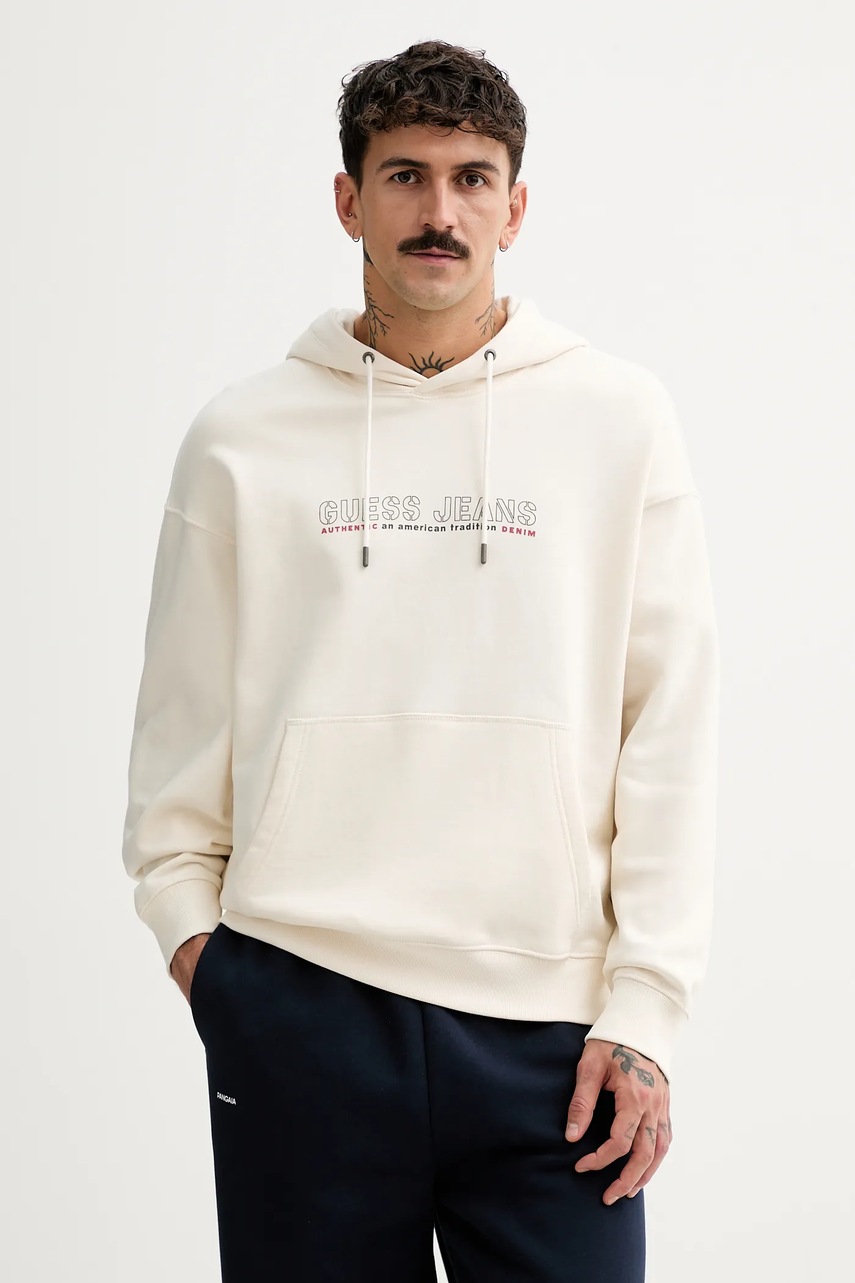 Levně Bavlněná mikina Guess Jeans pánská, béžová barva, s kapucí, s potiskem, M5BQ30 KCPR1