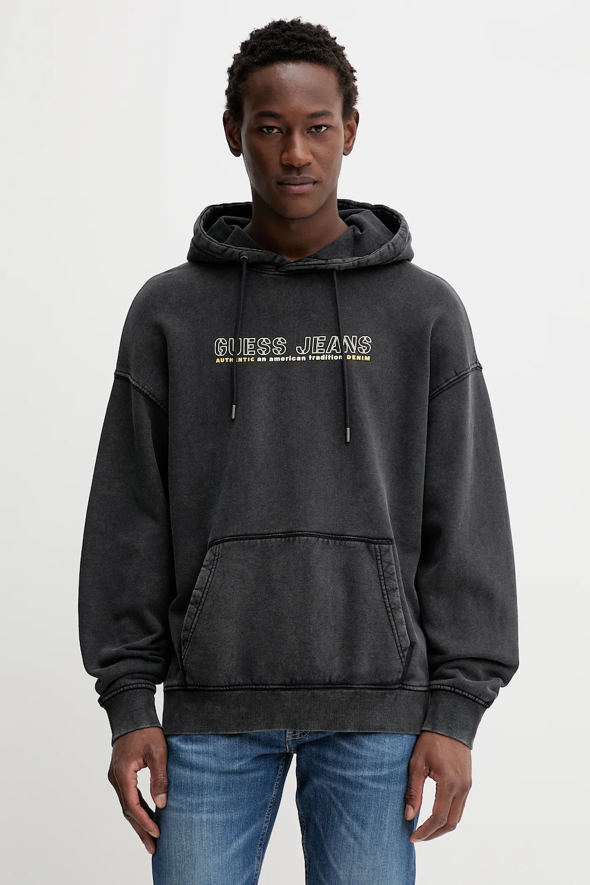 Levně Bavlněná mikina Guess Jeans pánská, šedá barva, s kapucí, s potiskem, M5BQ30 KCPR1