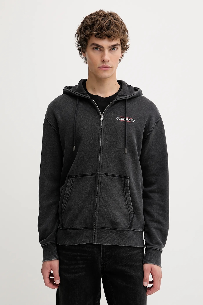Levně Bavlněná mikina Guess Jeans pánská, šedá barva, s potiskem, M5BQ32 KCPR1