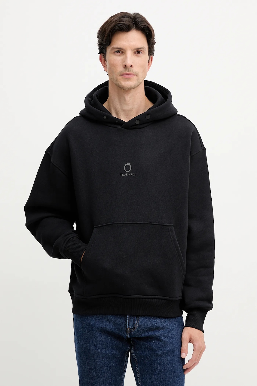 Trussardi hanorac de bumbac culoarea negru, cu glugă, cu imprimeu, G8038000022N