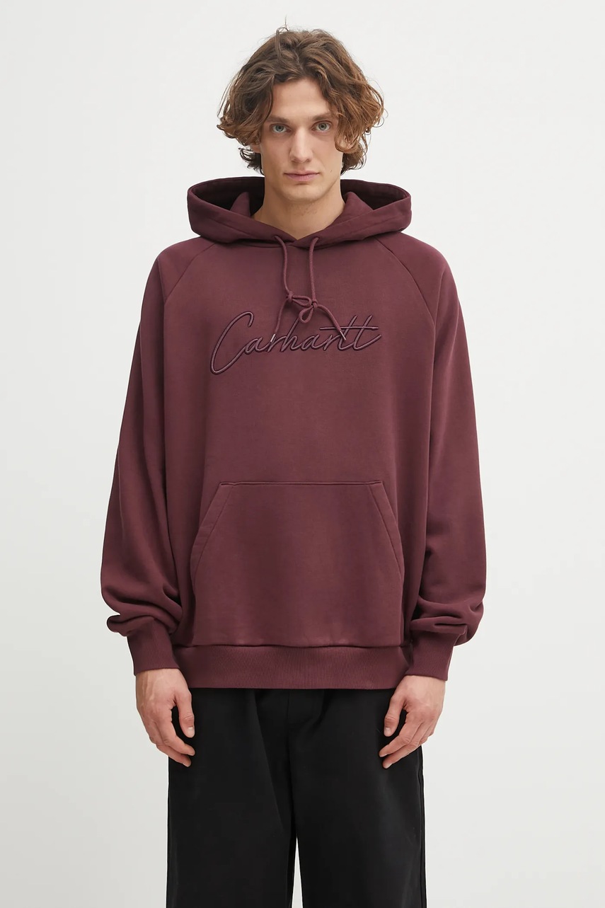 Bavlněná mikina Carhartt WIP Hooded Ray Sweat pánská, vínová barva, s kapucí, s aplikací, I035640.33KXX