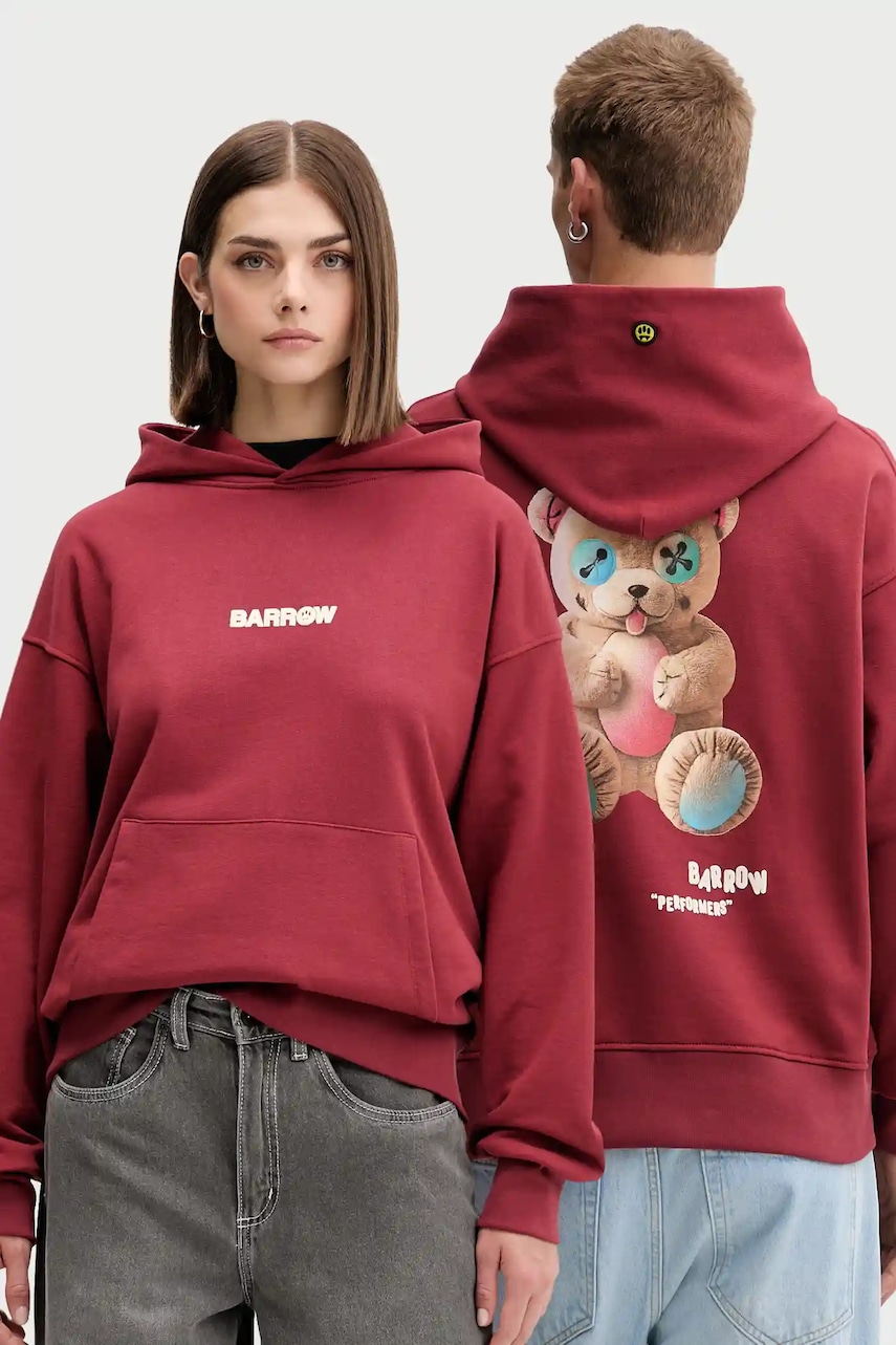 Levně Bavlněná mikina Barrow vínová barva, s kapucí, vzorovaná, F5BWUAHS047