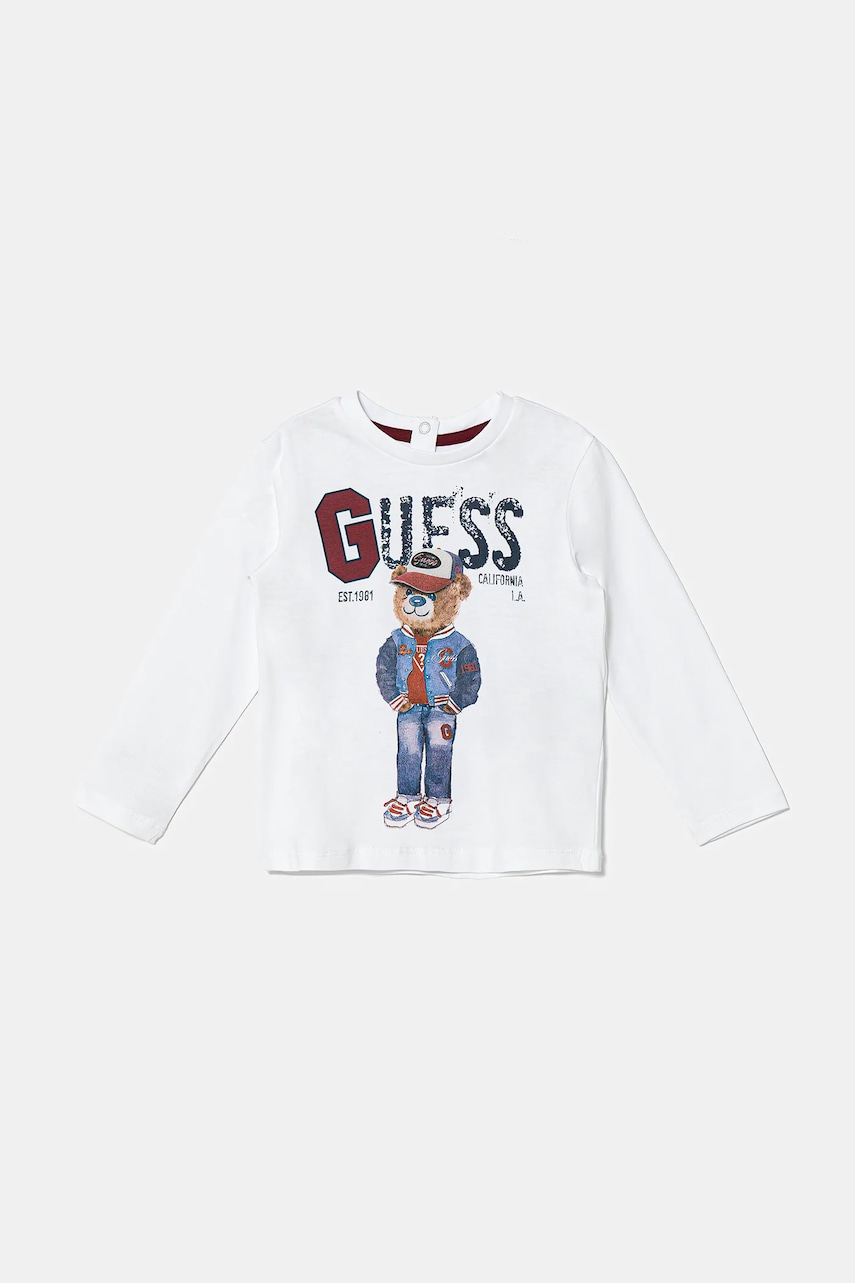 Levně Dětské bavlněné tričko s dlouhým rukávem Guess bílá barva, s potiskem, I5YI04 K8HM4
