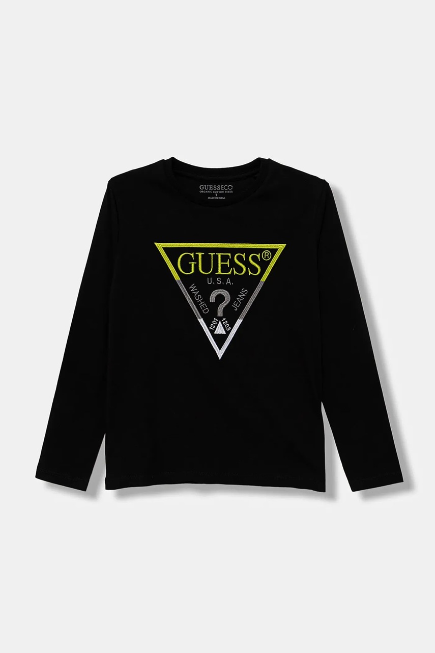 Levně Dětské bavlněné tričko s dlouhým rukávem Guess černá barva, s potiskem, L5YI06 K8HM4