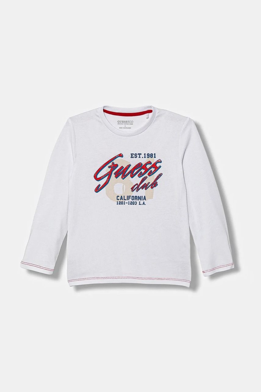 Levně Dětské bavlněné tričko s dlouhým rukávem Guess bílá barva, s potiskem, N5YI15 K8HM4